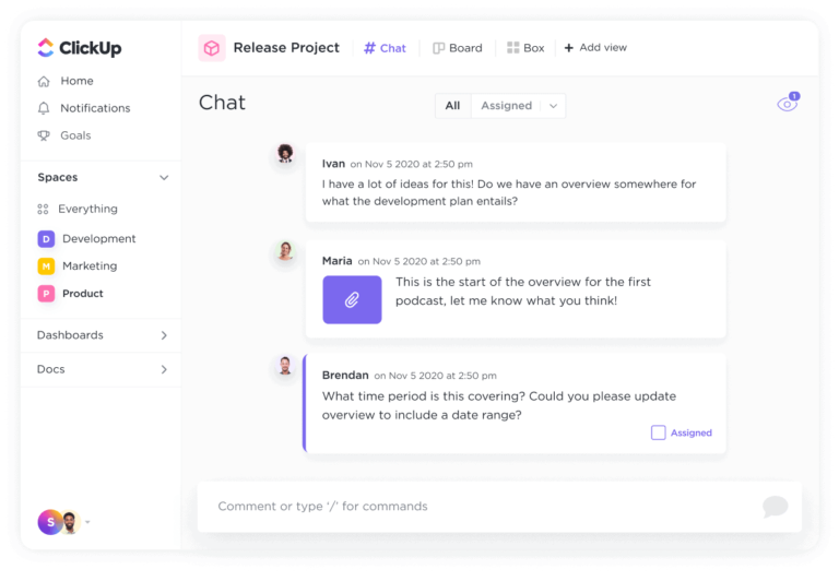 Example of the chat feature within ClickUp.