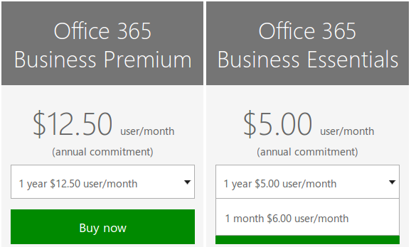 Pricing of Office 365 Business Premium and Business Essentials 