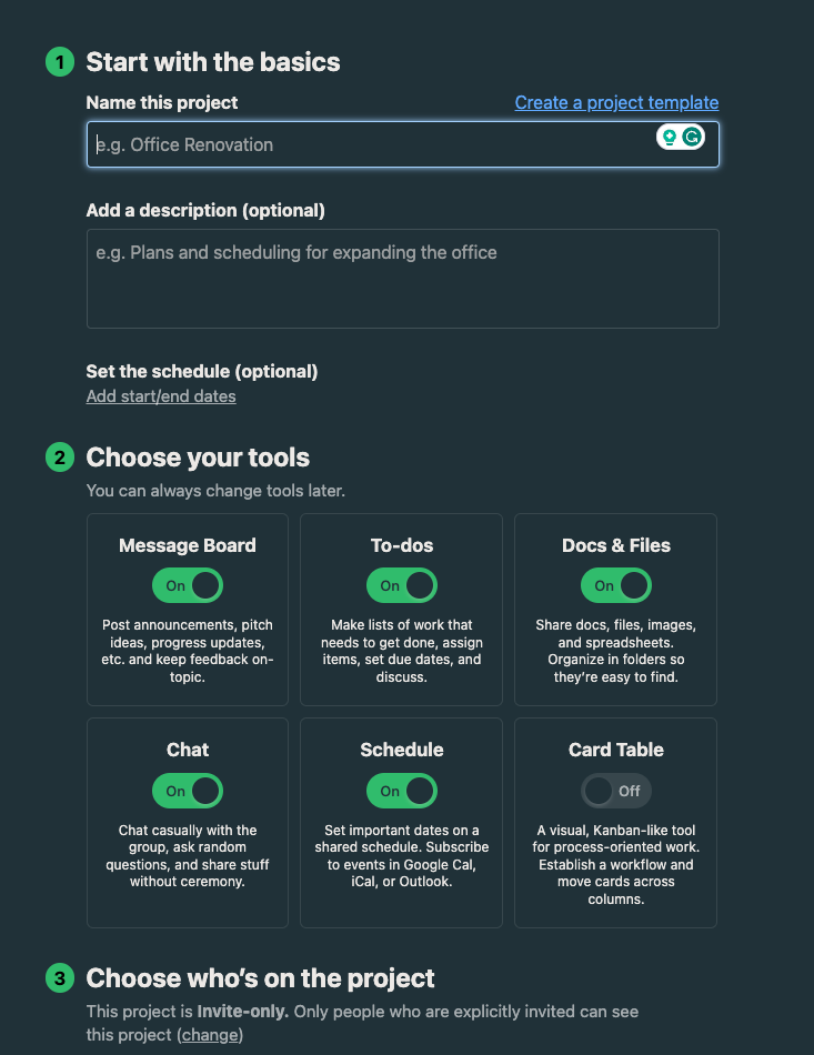 Example of the project setup walkthrough process. 