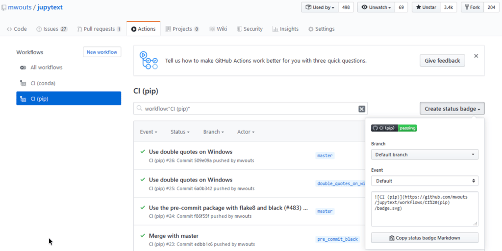 GitHub Actions interface displaying CI pipeline runs with passing statuses, commit history, and workflow details for tracking automated build and test processes.