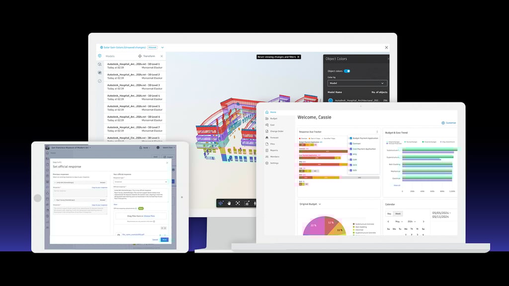 Autodesk Construction Cloud interface showing a 3D building model alongside project data panels for cost, design layers, and model-based coordination.