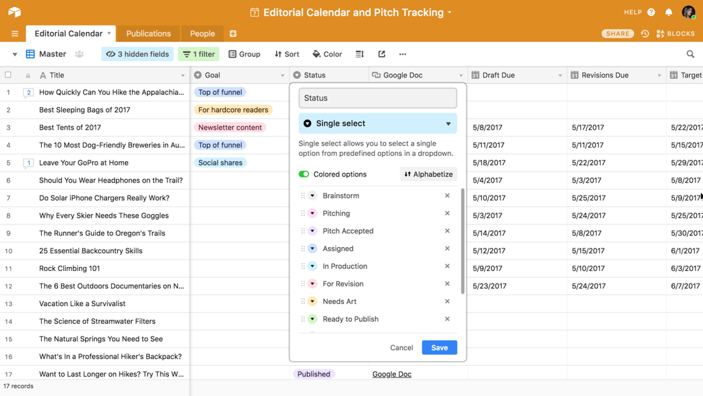 Airtable grid view showing an editorial calendar with columns for title, goal, status, Google Doc link, and due dates, with a dropdown menu open to edit status options such as brainstorming, pitching, and ready to publish.