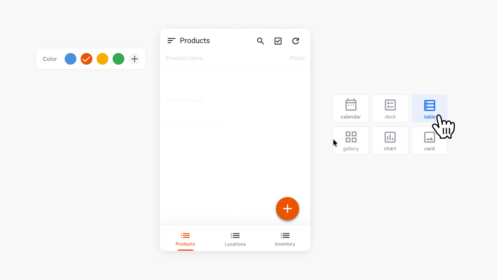 Google AppSheet interface showing a mobile app preview with a product list, plus options to switch between views such as table, gallery, and calendar.