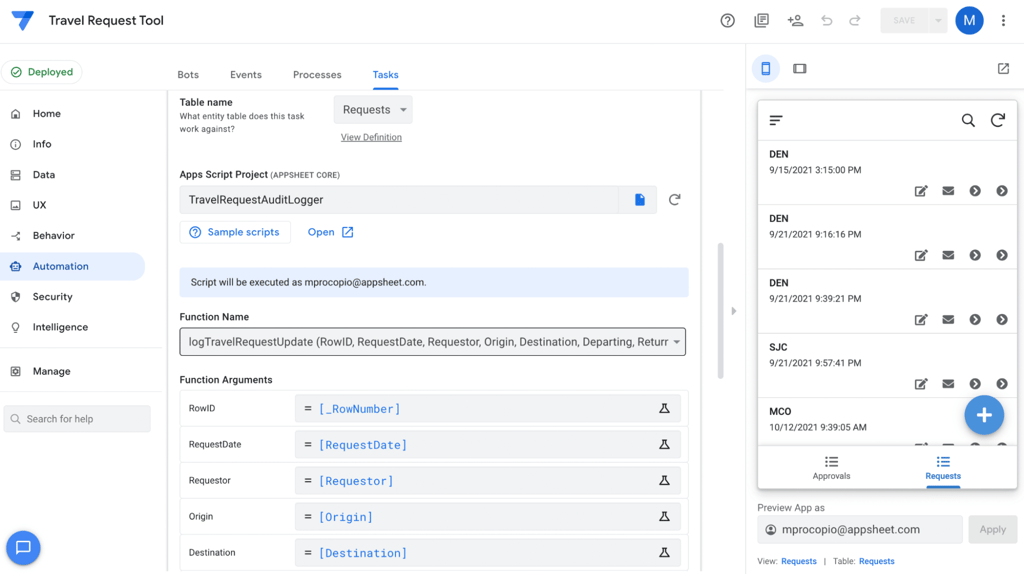 Google AppSheet automation panel displaying a workflow setup with function arguments, data fields, and a preview of a request tracking app on the right.
