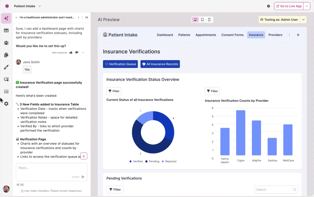 Knack app interface showing a patient intake dashboard with insurance verification charts, status breakdowns, and filters for tracking records.