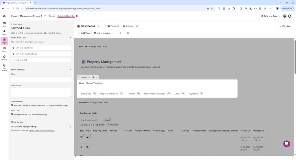 Knack builder interface displaying a property management app with menu setup, linked pages, and data tables for properties, tenants, and maintenance requests.