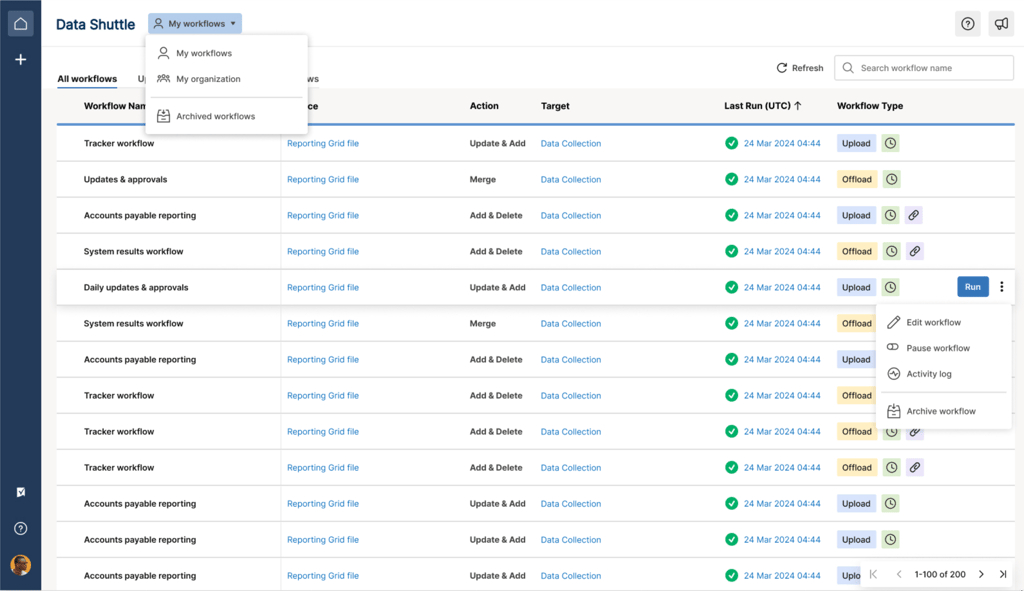 Smartsheet grid view showing an intake sheet with rows of project notes, assigned team members, tags, and rating fields, alongside export and integration options.