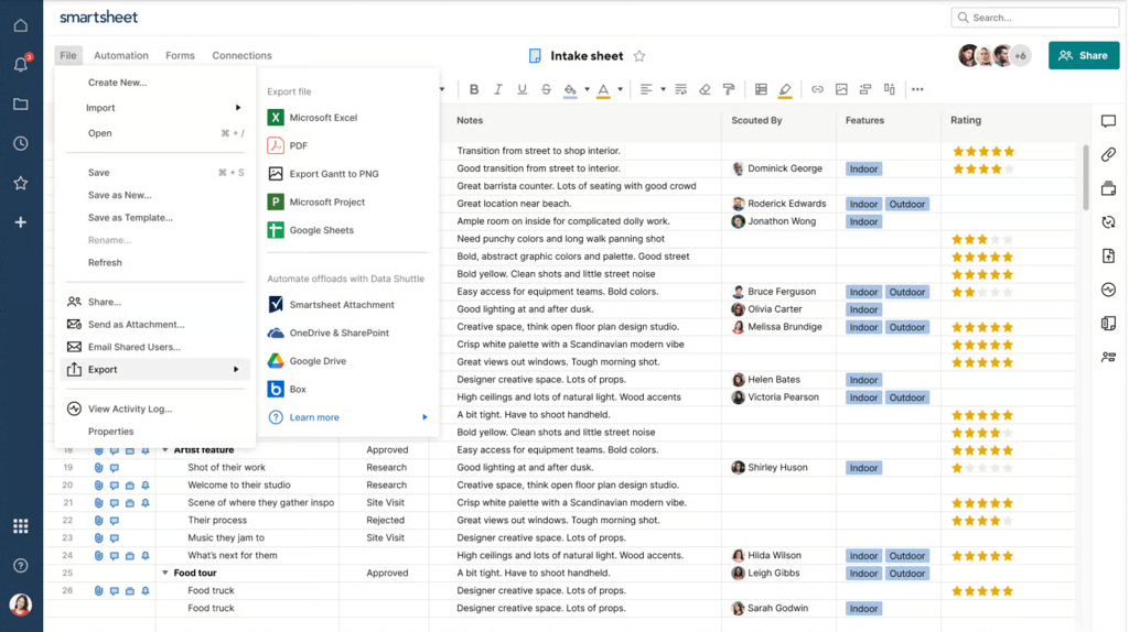 Smartsheet Data Shuttle interface displaying a list of workflows with actions, targets, run history, and options to edit, pause, or archive each workflow.
