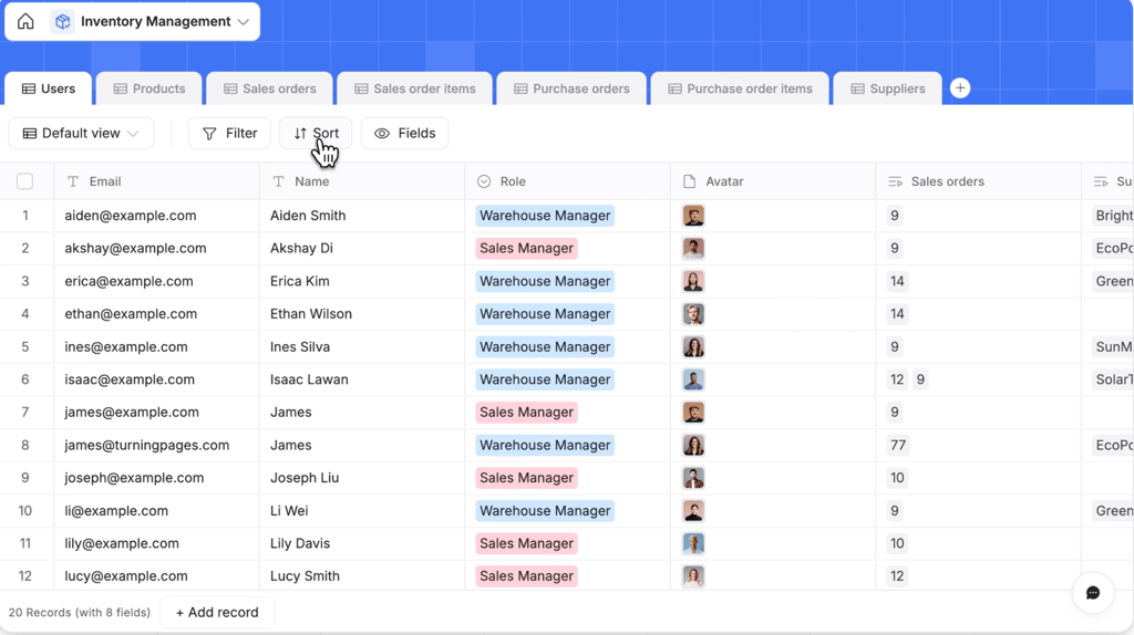 Softr database interface showing an inventory management table with user records, roles such as warehouse manager and sales manager, and options to filter, sort, and customize fields.
