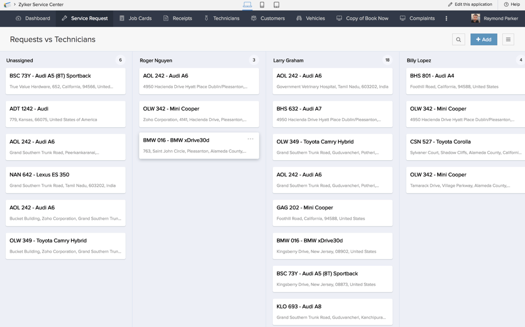 Zoho Creator dashboard showing a service request app with cards grouped by technician, including vehicle details, locations, and assignment status across columns.