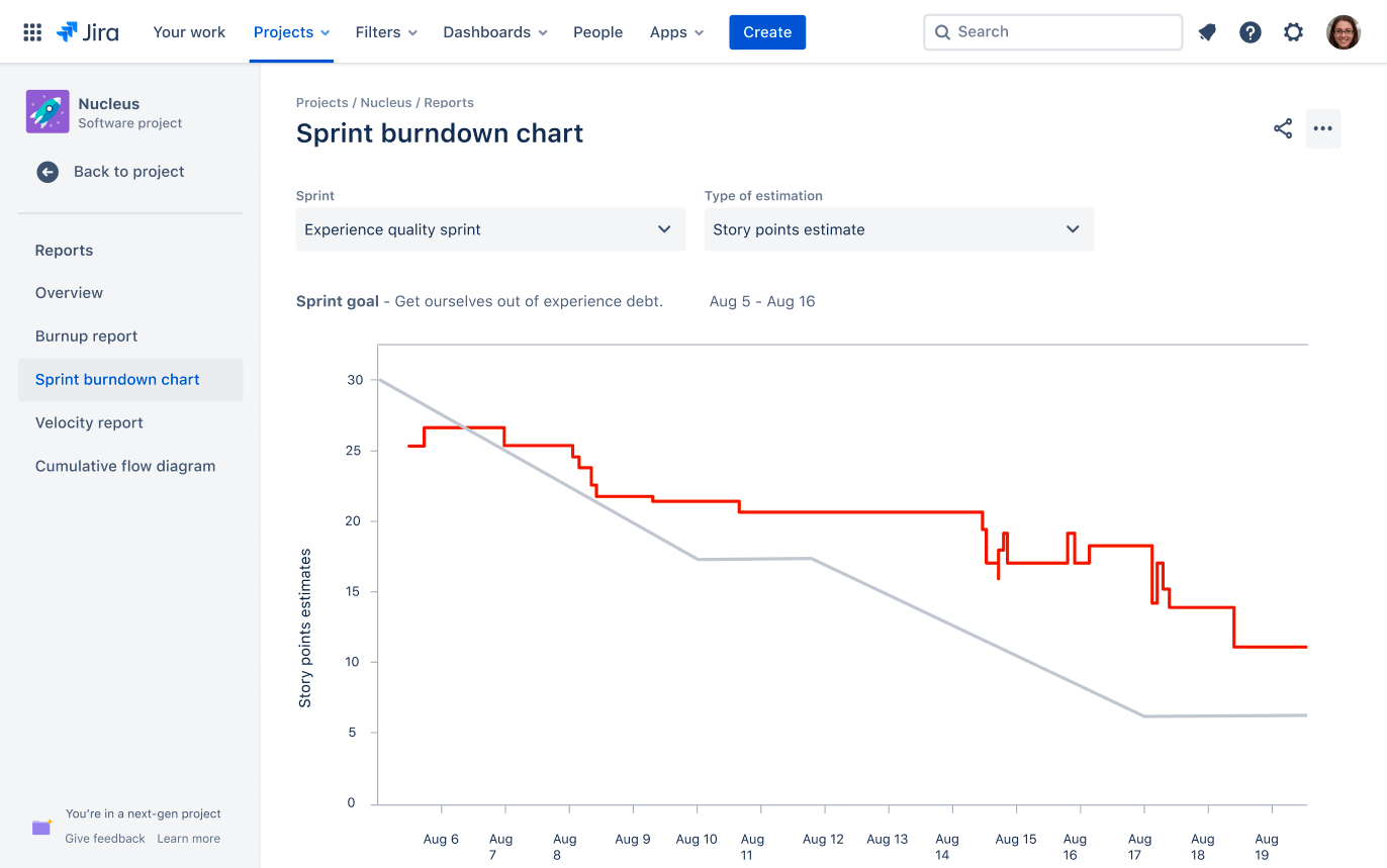 Example of a sprint burndown chart.