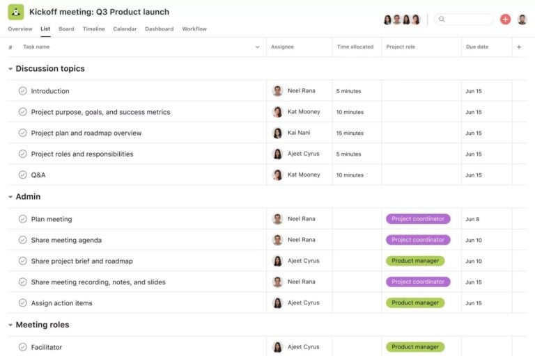Asana kickoff meeting template.