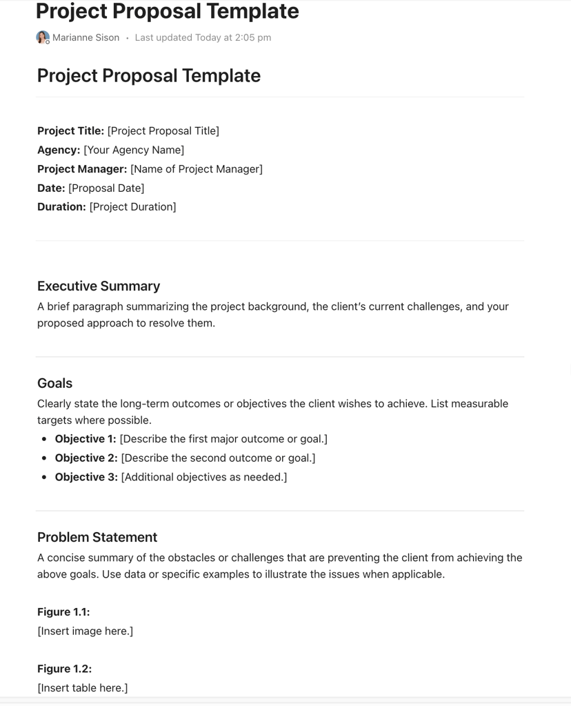 Document-style project proposal template showing sections for title, executive summary, goals, and problem statement in a clean layout.
