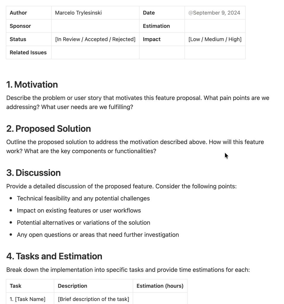 A Notion project proposal page featuring sections for motivation, proposed solution, discussion, and task estimation with a table.