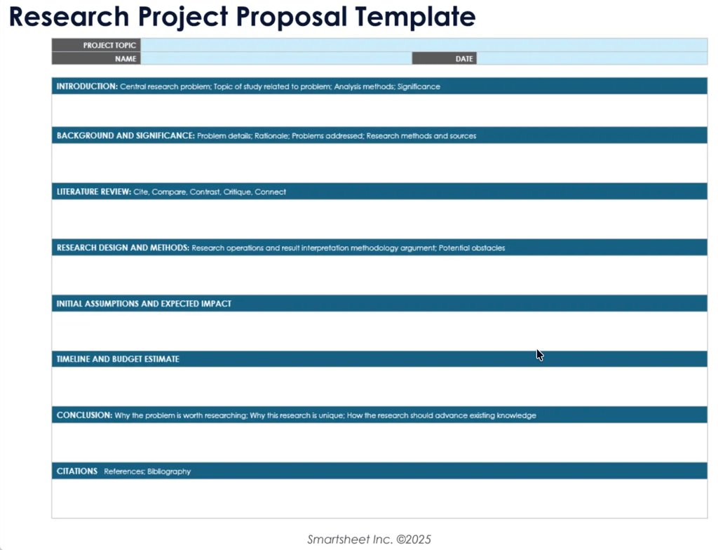 A Smartsheet research project proposal template with labeled sections for introduction, literature review, research design, timeline, and budget estimate.
