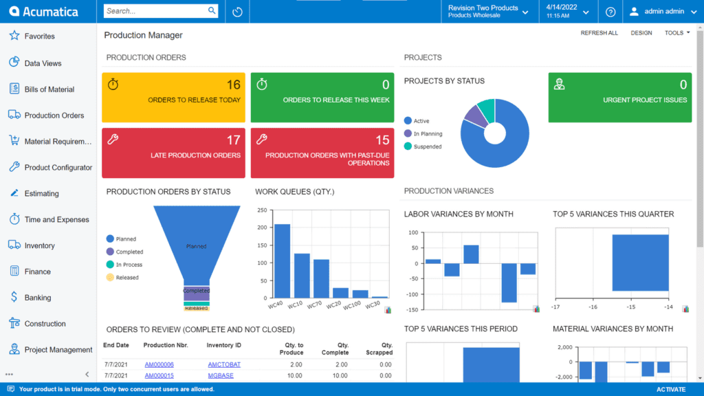 Accumatica project dashboard. 