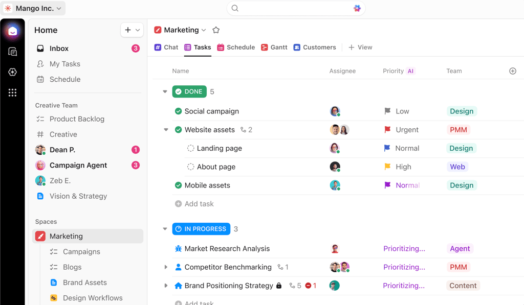 ClickUp workspace showing marketing tasks organized by status, assignee, and priority with shared dashboards for hybrid teamwork.