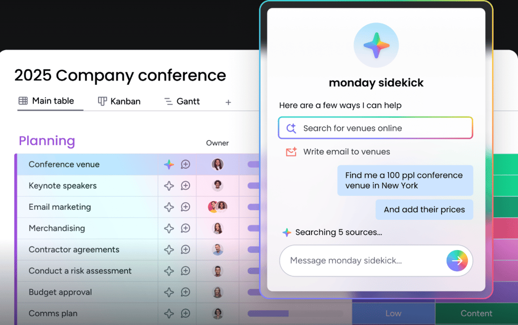 monday project planning board with Sidekick AI assistant searching for venues and managing conference planning tasks.