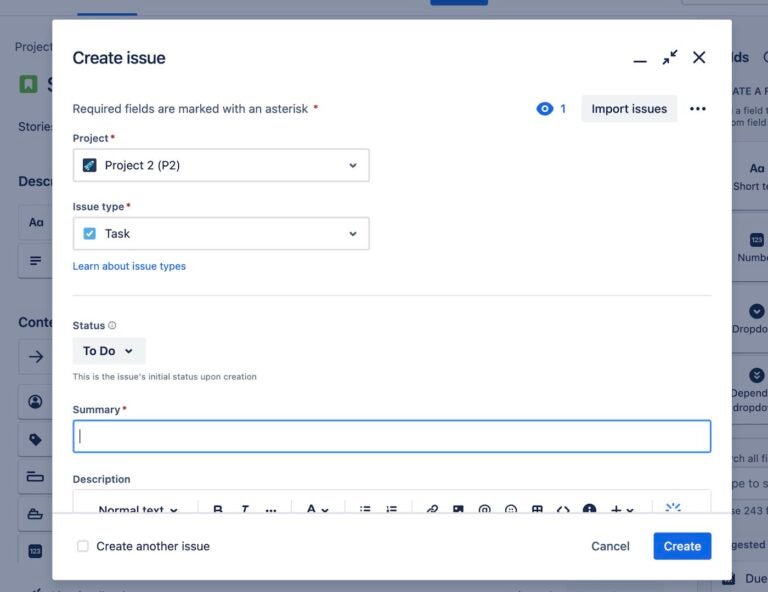 Screenshot of the Create issue tab