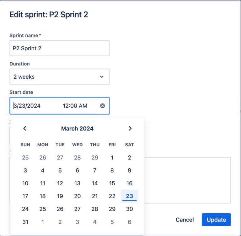 Screenshot of the Edit Sprint tab, showing a scheduling feature