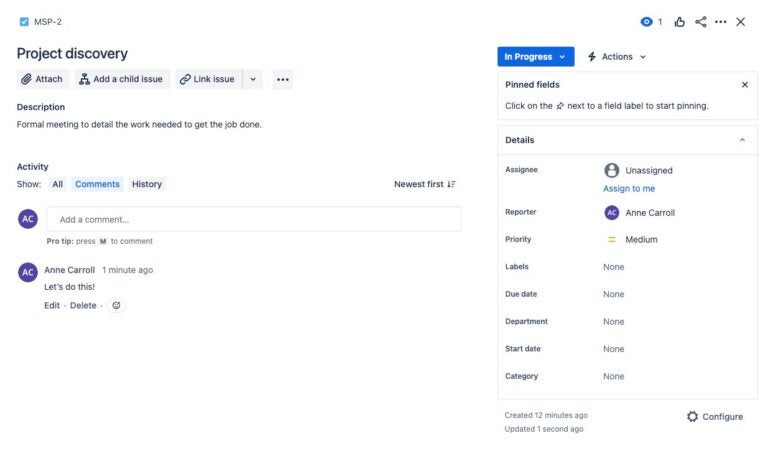 Jira task view with details