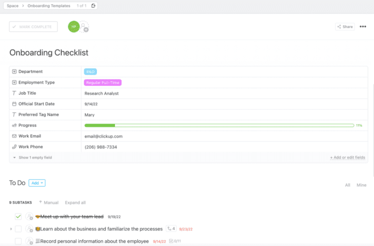 ClickUp onboarding template