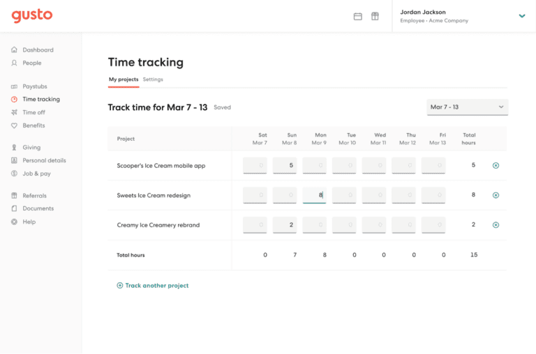 Gusto time and attendance tracking view