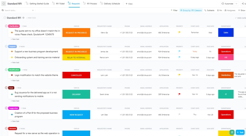Standard RFI tracker dashboard with grouped categories, color-coded status tags, requester details, and department assignments.