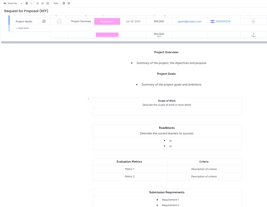 RFP document layout with labeled sections for project overview, goals, scope of work, challenges, evaluation criteria, and submission requirements.