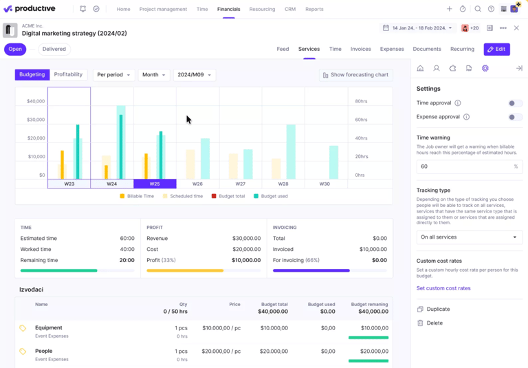 Productive interface showing project list with tasks, subtasks, and navigation menu for projects, time, and reports.