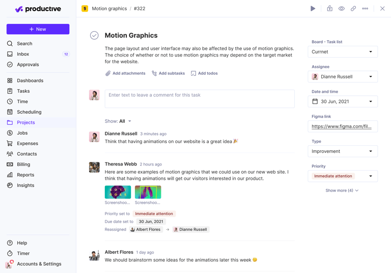 Task detail page in Productive showing comments, attachments, assignee, due date, priority, and activity history.