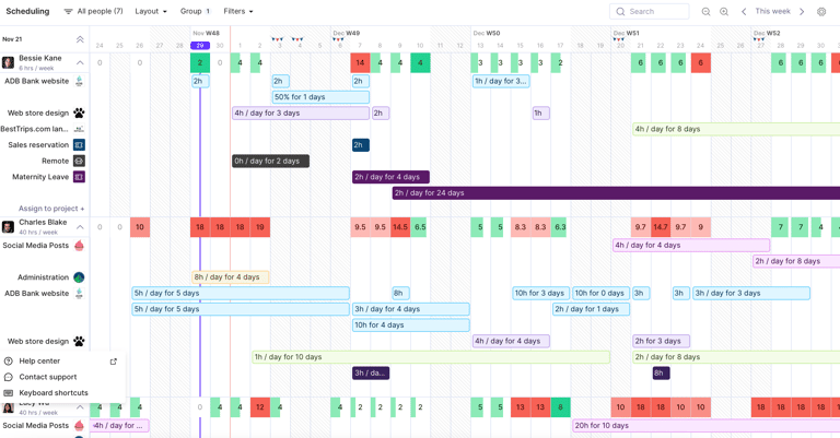 Scheduling timeline in Productive displaying team workloads across projects with color-coded time allocations by day and week.