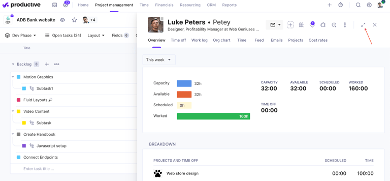 Team member overview in Productive showing weekly capacity, available hours, scheduled time, and total hours worked.
