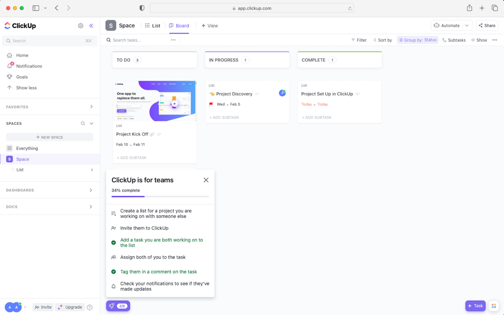 The project management dashboard in ClickUp.