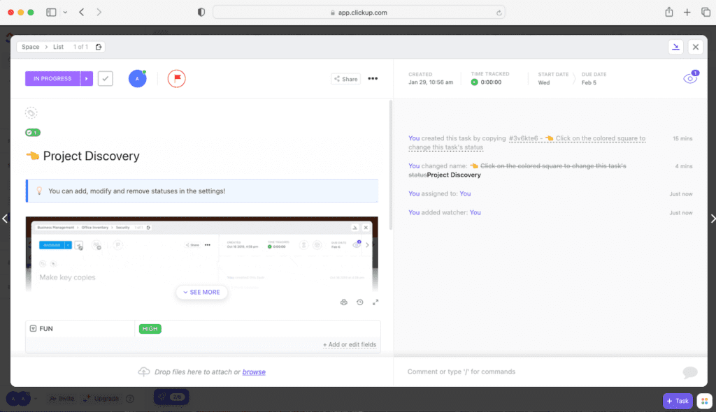 The task management dashboard in ClickUp.