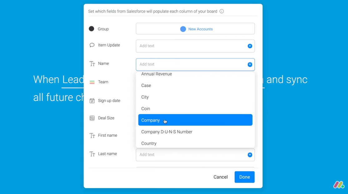 Click on “item” to map Salesforce fields to monday.com columns.