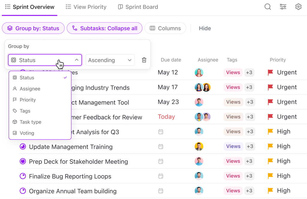 ClickUp Sprint Overview screen showing tasks grouped by status with columns for due date, assignee, tags, and priority to track sprint progress.