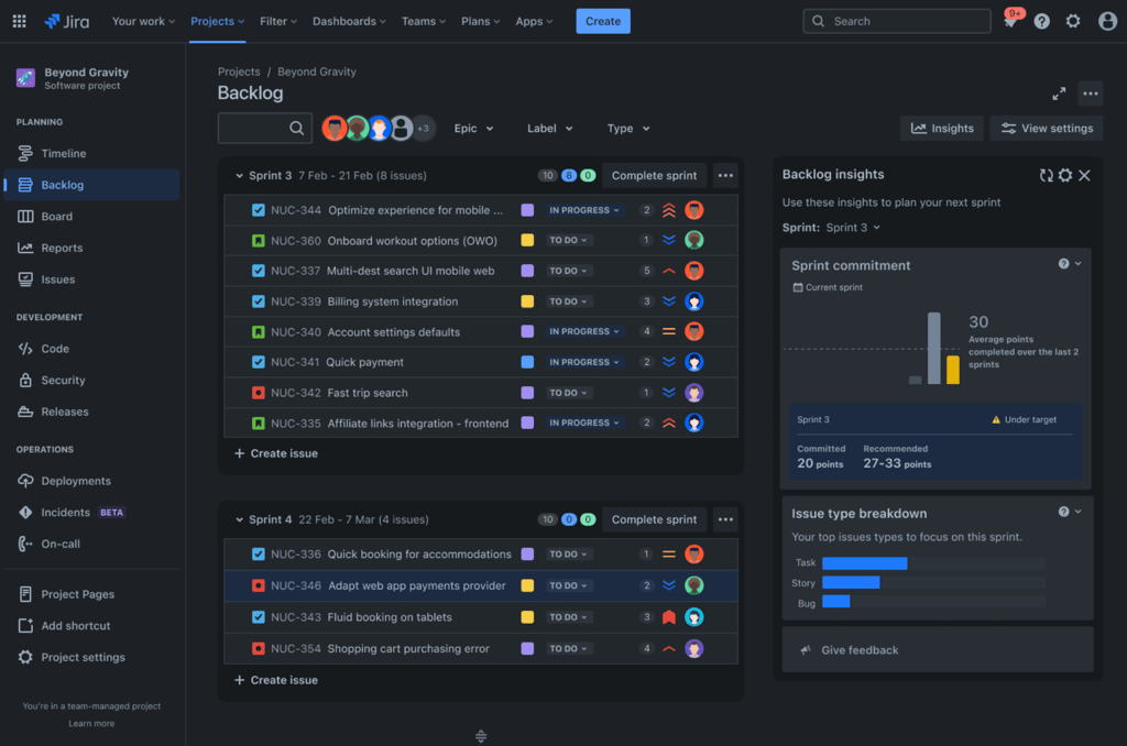 Jira backlog view displaying multiple sprints, issue statuses, story points, and a sprint commitment panel with performance metrics.