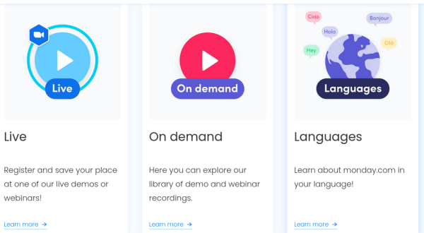 Webinar hub streaming and translation options shown from monday.com.