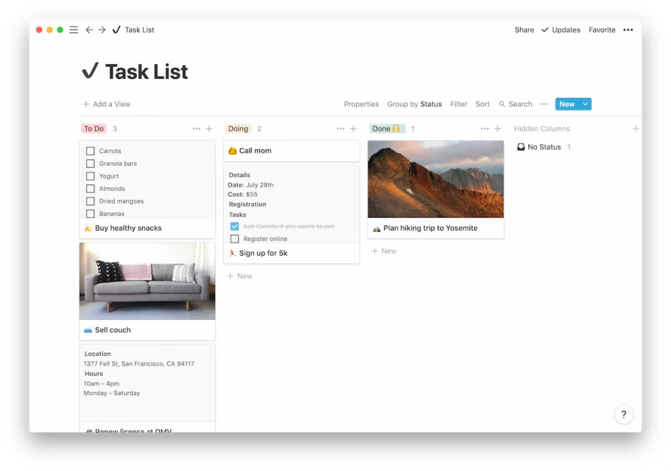 Example of a Kanban board-style task list in Notion. 