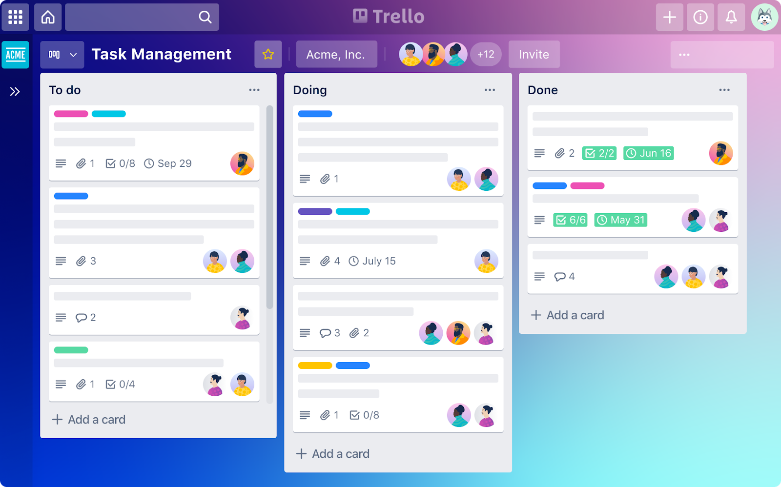 Trello’s Kanban board layout and task cards.