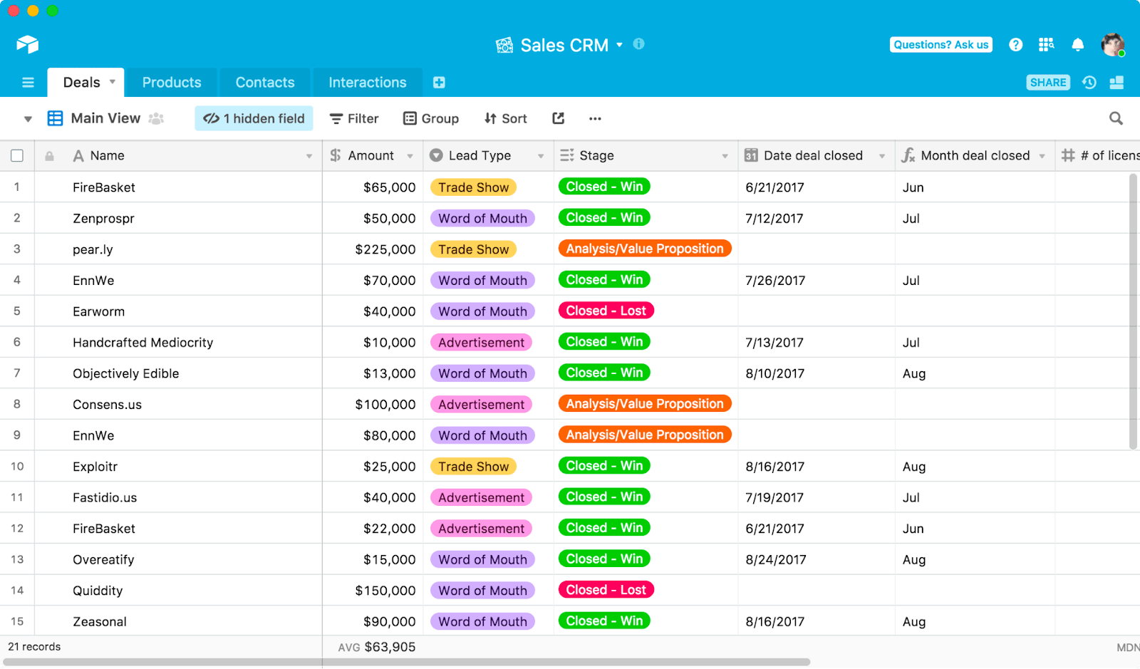 Example of a sales CRM setup in Airtable.