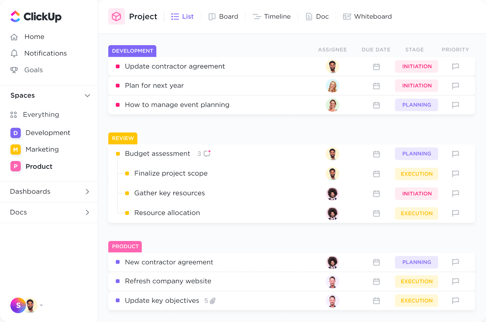 Example of a project dashboard within ClickUp, segmented into individual project components.