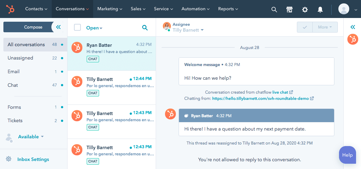 An example of a customer interaction from the Hubspot Service Hub dashboard.