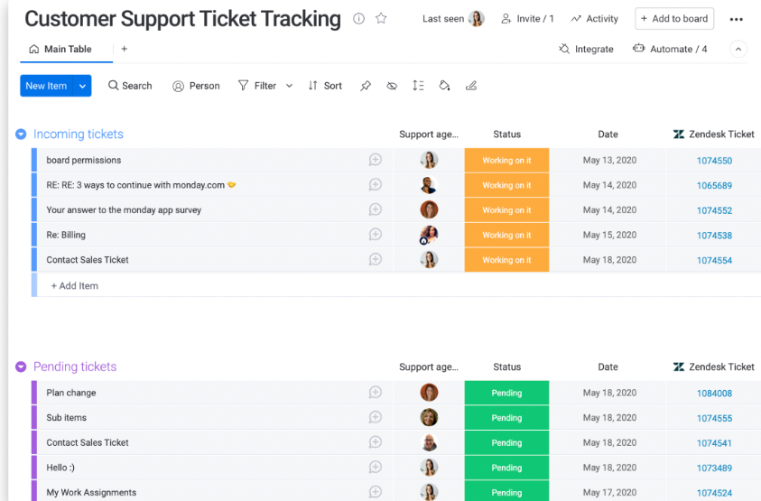 An example of a customer support ticketing system built within monday.com and integrated with Zendesk.