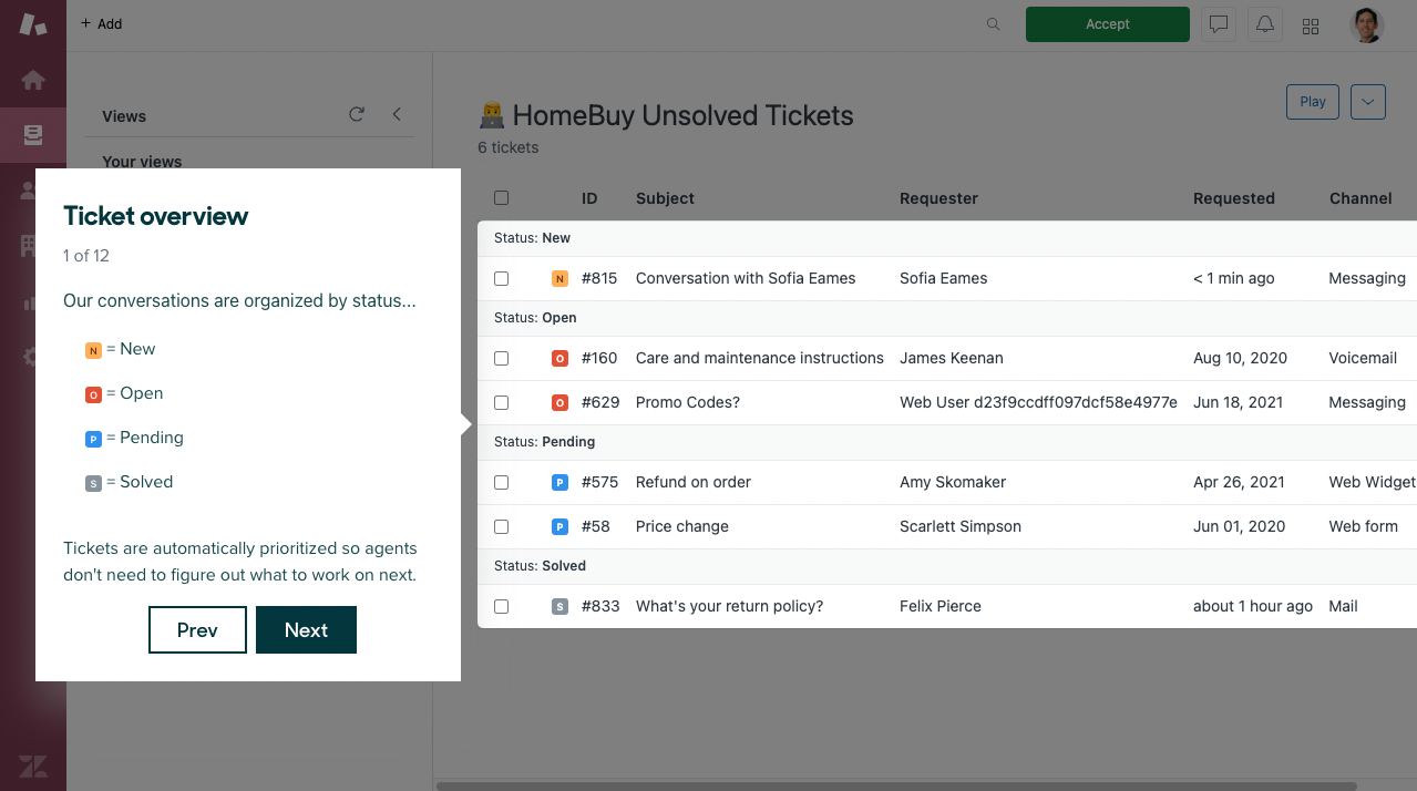 Ticket dashboard with an overview from Zendesk.