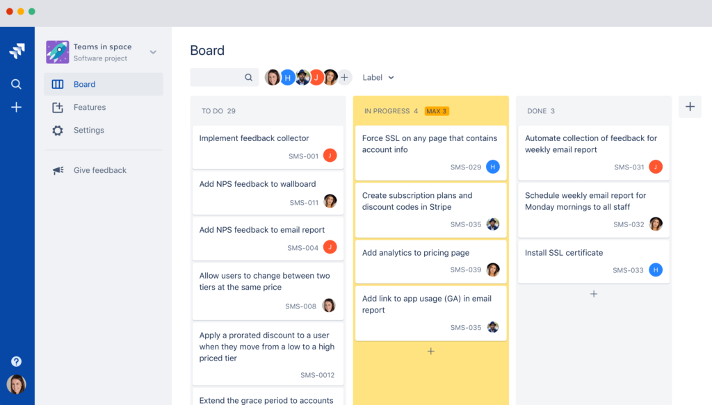 Jira Kanban board displaying software development tasks across to-do, in-progress, and done columns.