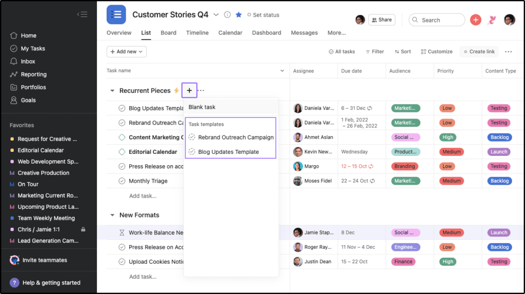 Example of a table view in Asana. Source: Asana, accessed August 2023. 