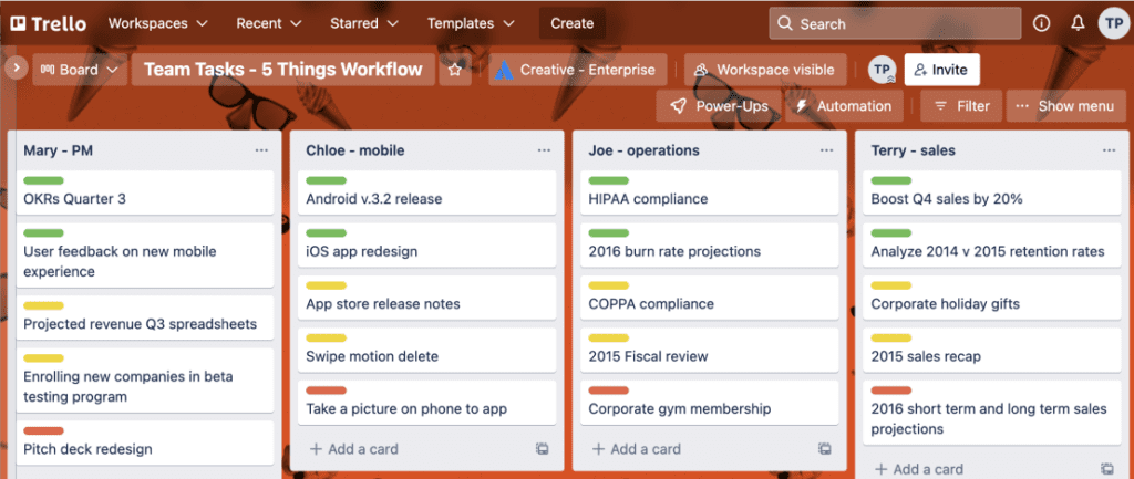 Example of a kanban board. Source: Trello, accessed August 2023. 