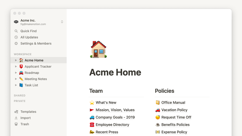 Notion software's home screen. 